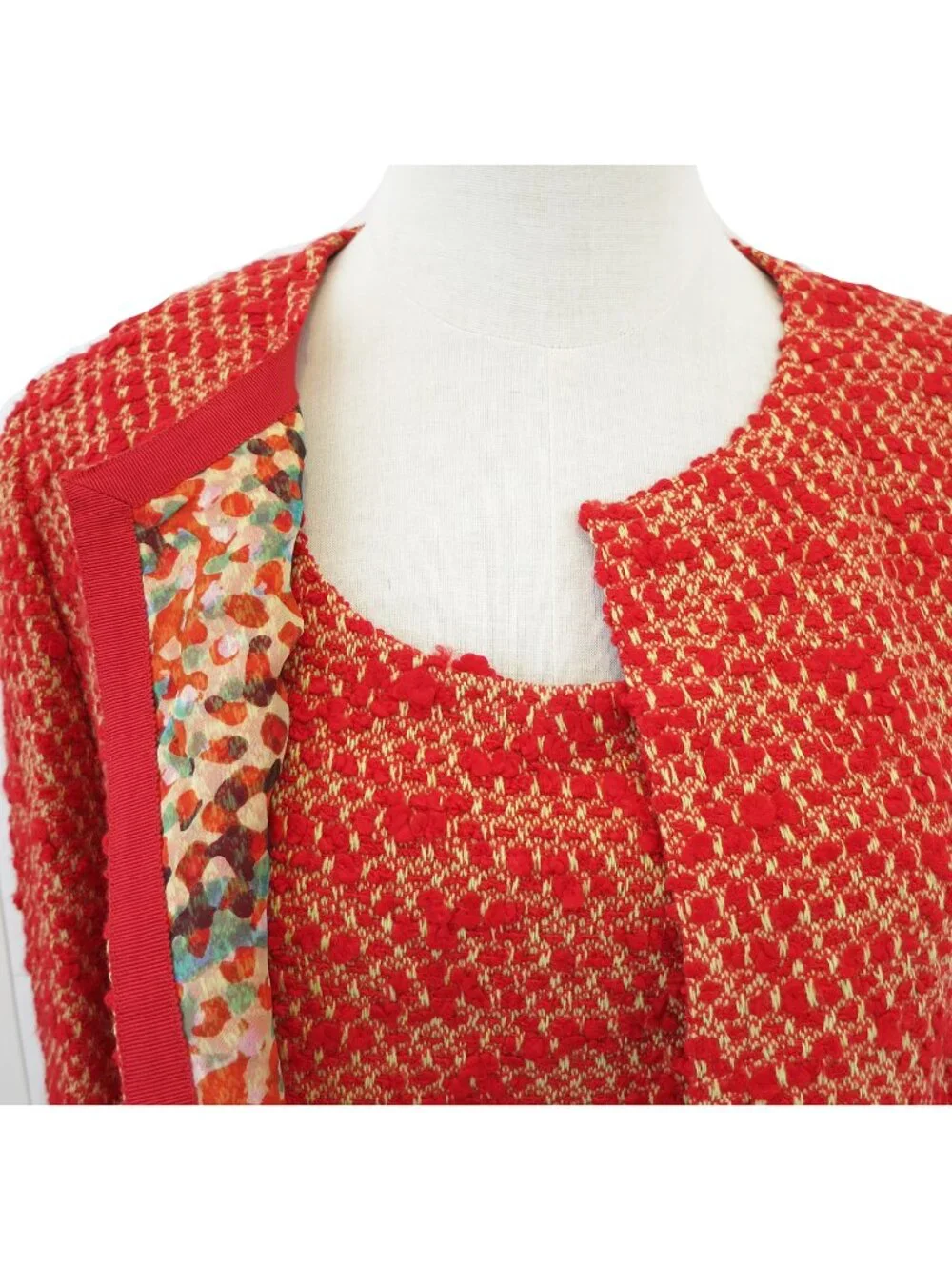 CHANEL 1999 Pre Fall 99A Red Yellow Mottled Boucle Tweed Tank Jacket Twin Set 38